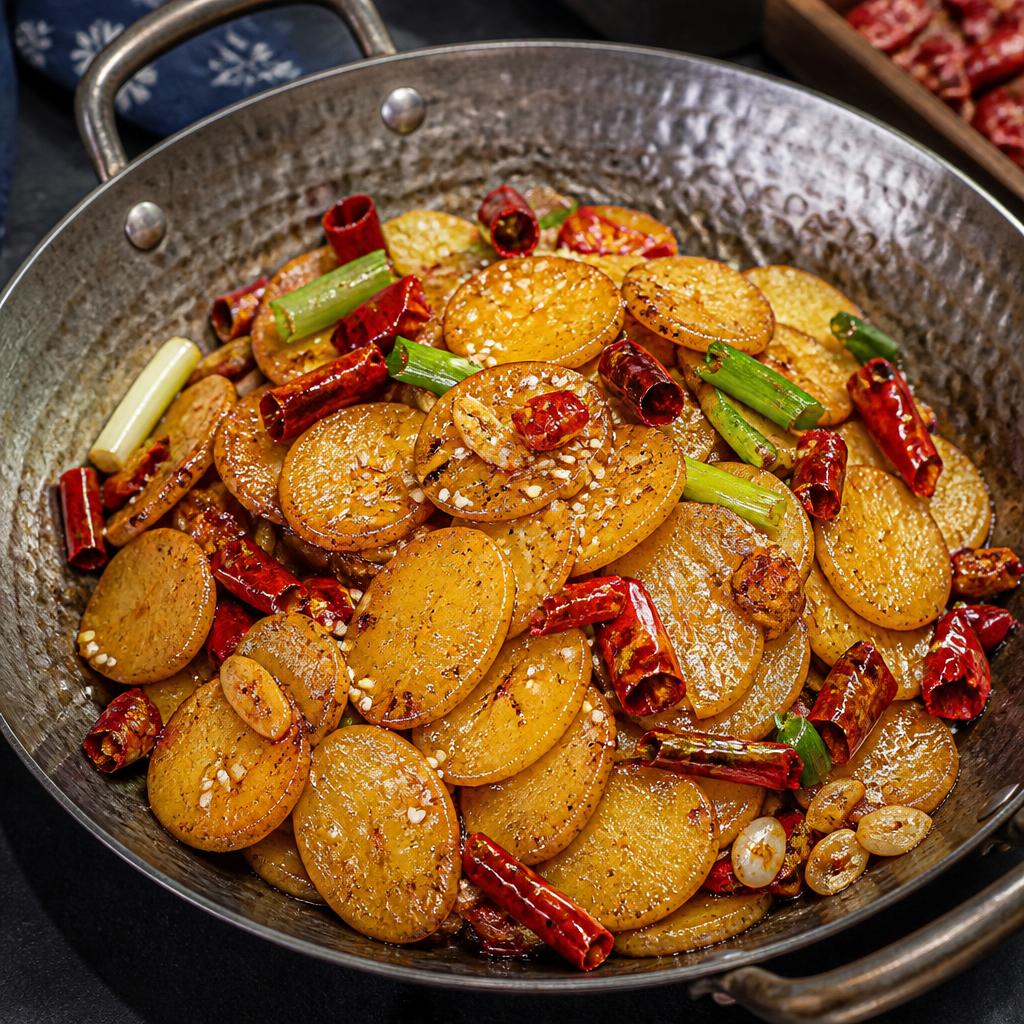 Kartoffelscheiben im trockenen Wok 干锅土豆片 – knusprig gebratene Kartoffelscheiben mit getrockneten Chilis, Frühlingszwiebeln und Knoblauch