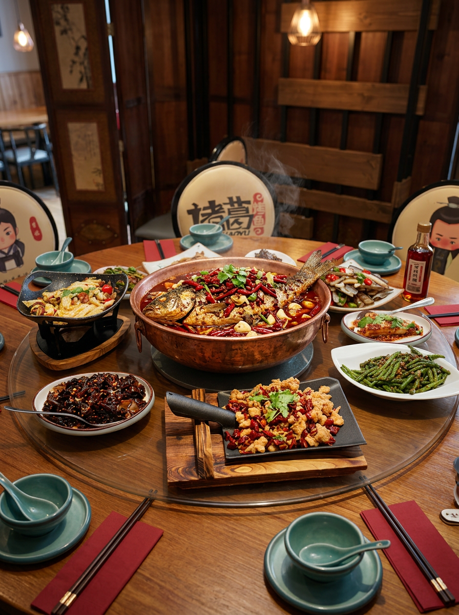 Authentische Sichuan-Tafel mit geteilten Schüsseln, Grillfisch und scharfen Spezialitäten
