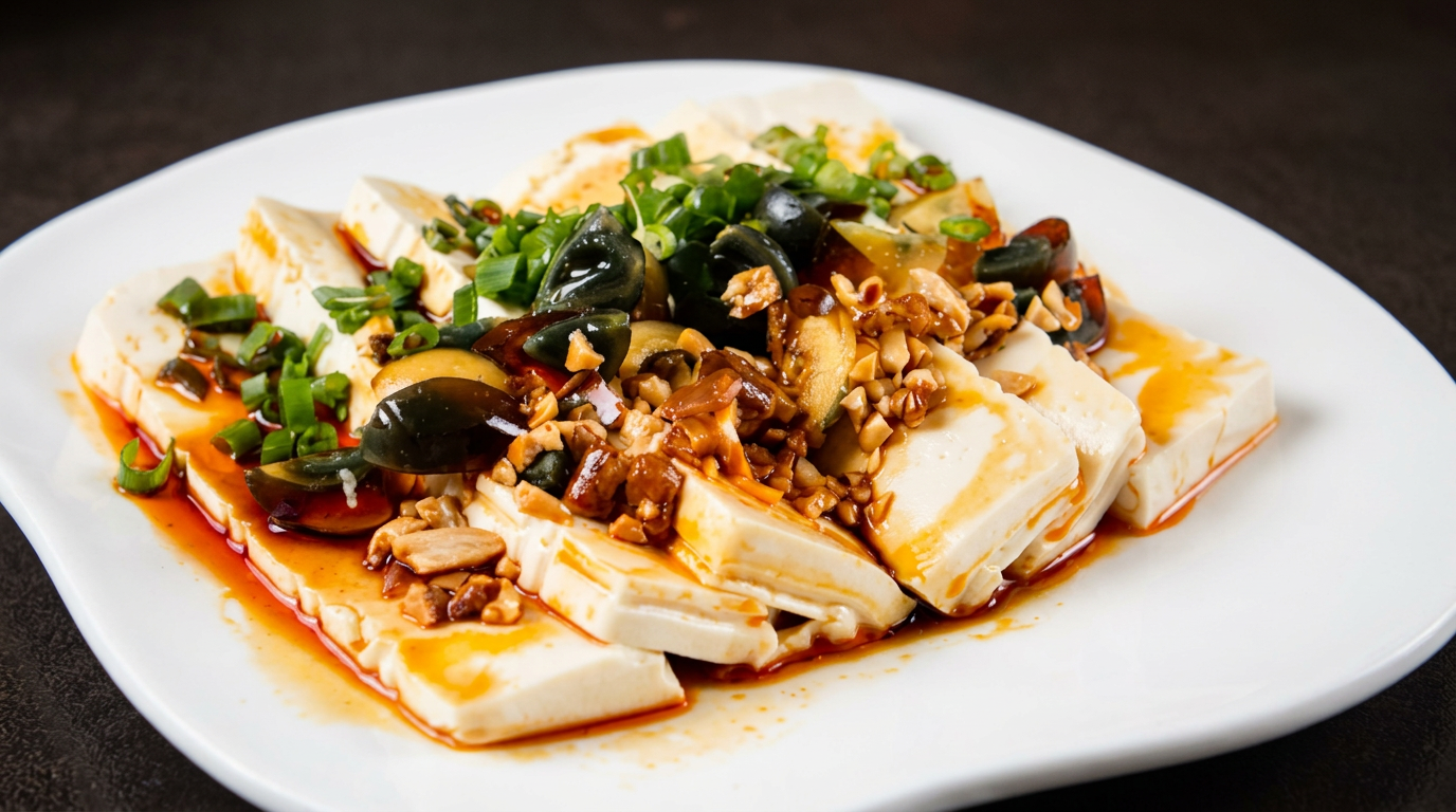Tofu mit Tausendjährigem Ei 皮蛋豆腐 – seidiger Tofu mit Tausendjährigem Ei, Frühlingszwiebeln und Chiliöl