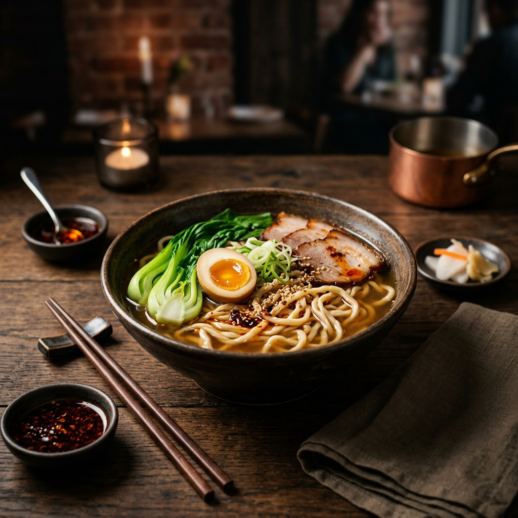 Handgezogene Nudeln in aromatischer Brühe mit Pak Choi und Beilagen